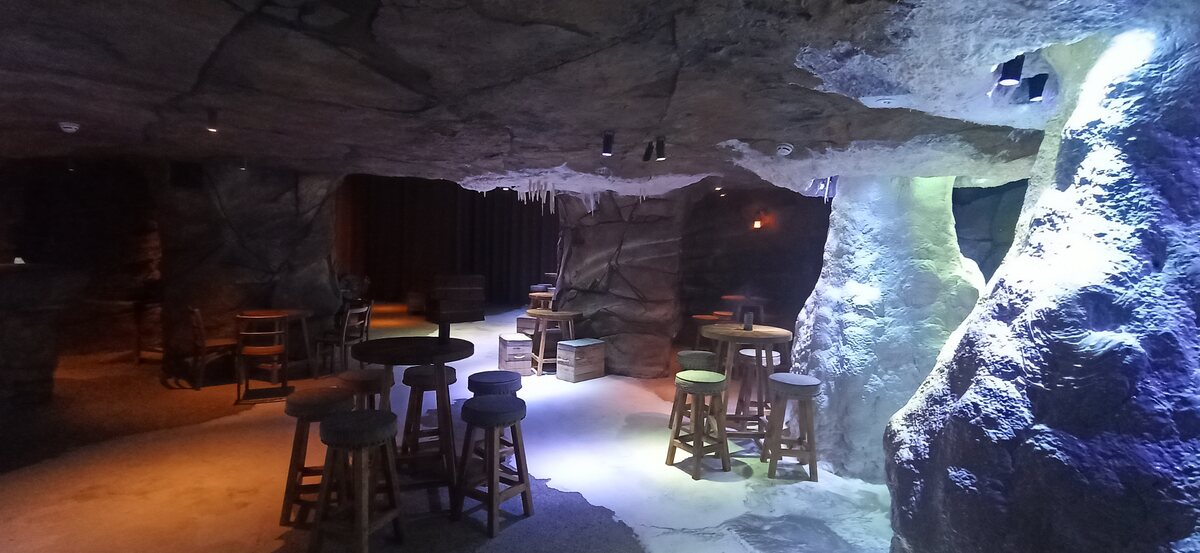 Cave-themed interior with seating under blue lighting at Pairi Daiza